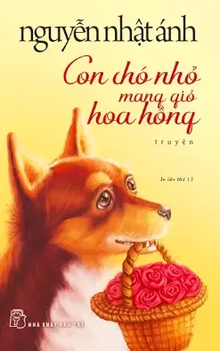 Con chó nhỏ mang giỏ hoa hồng